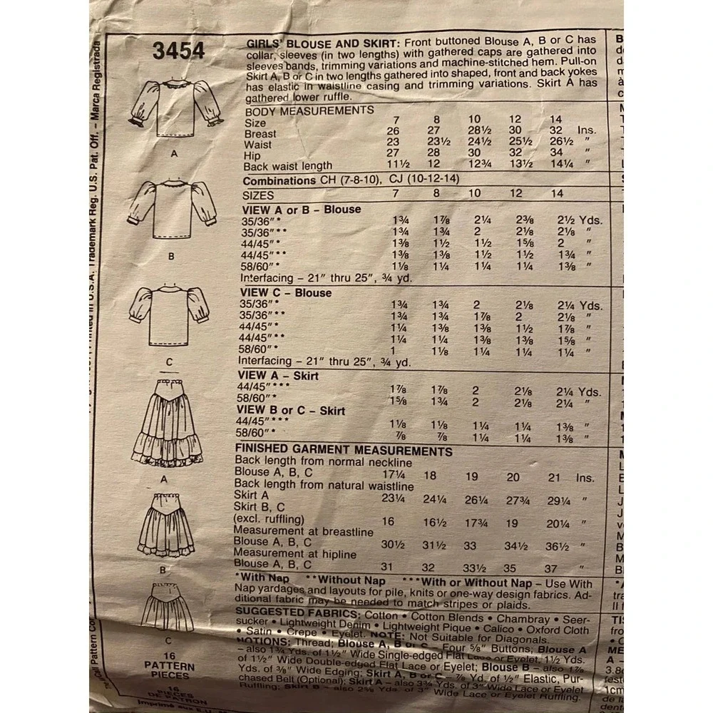 McCalls Sewing pattern3454 girls top peasant skirt sz 7 8 10